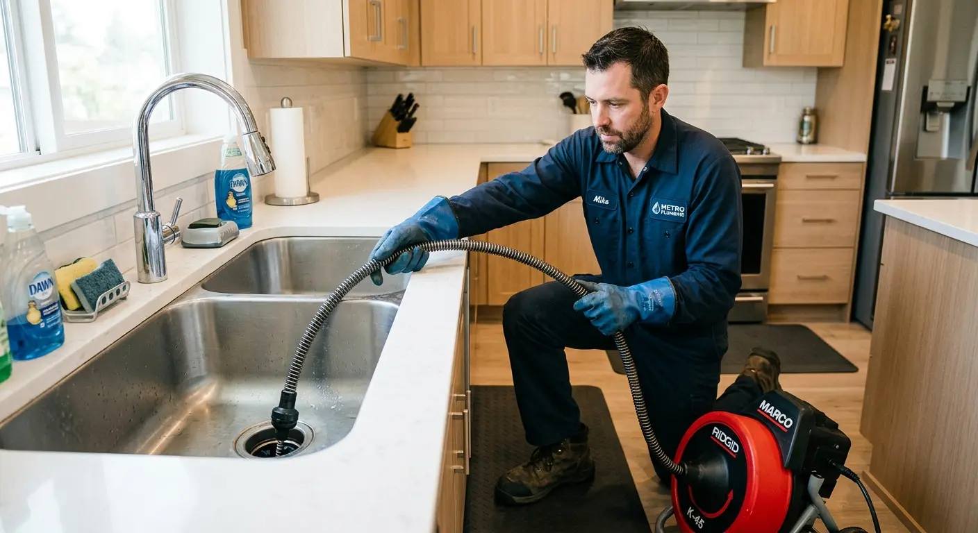 Drain cleaning technician using a motorized snake on a kitchen sink in Festus