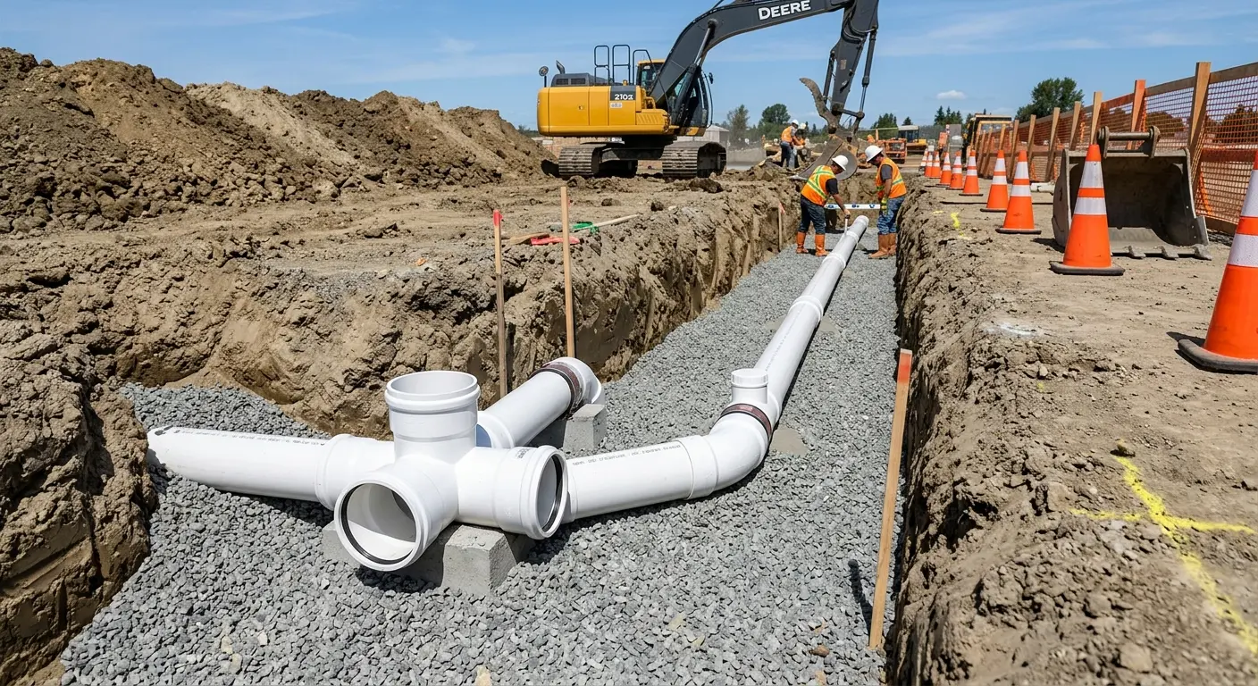 New PVC sewer pipe installation in open trench for Commercial Drain Cleaning in Festus