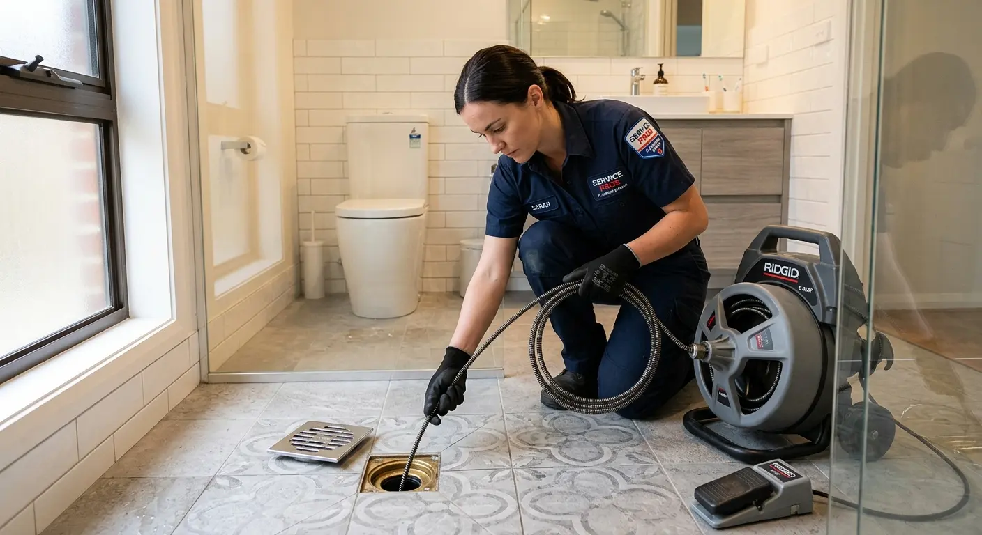 Technician clearing a bathroom floor drain for Sewer Line Replacement in Festus